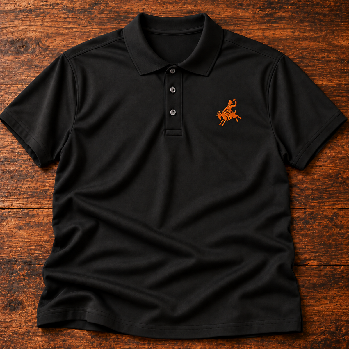Goat Rider | Black Stretch Polo, Orange Embroidery